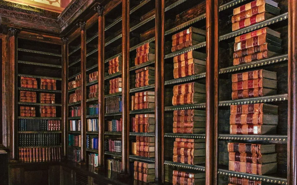 Scaffali di libri che fiancheggiano la biblioteca del palazzo